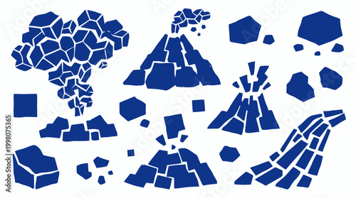Abstract geometric volcano eruption illustrations in blue and white, representing geological activity and natural disaster