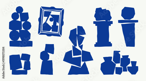 Abstract blue shapes collage representing art sculptures and geometric forms on a white background