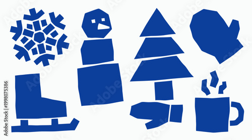 Blue winter icons set of snowflake ice skate snowman Christmas tree mittens hot drink mug isolated on white background flat design