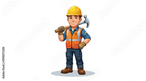 Construction Worker Cartoon Illustration with Hammer on Shoulder Celebrating Labor Day and Skilled Trades Professionals