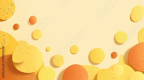 Abstract composition of layered, textured circles in warm tones of yellow and orange on a beige background, kid friendly colorful planet background