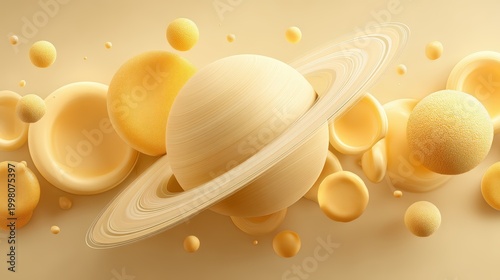 A surreal 3D illustration of a Saturn-like planet with rings, surrounded by various textured golden spheres floating against a warm beige background, kid friendly colorful planet background