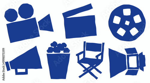 Collection of blue movie industry icons on a white background representing filmmaking and cinema production elements