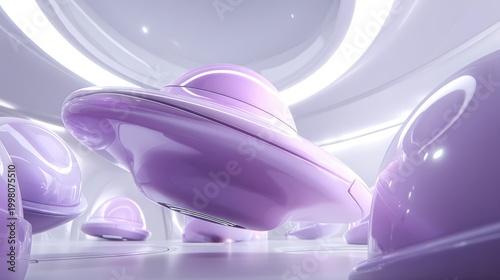 A futuristic, sleek interior with smooth, glossy purple spacecraft or pods floating inside a well-lit, white curved chamber, kid friendly colorful planet background
