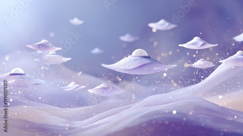 Surreal purple landscape with floating, futuristic, disc-shaped objects resembling UFOs against a soft, dreamy backdrop, kid friendly colorful planet background