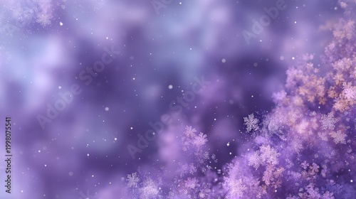 A close-up image of delicate purple snowflakes softly falling against a blurred lavender background, a serene winter atmosphere, kid friendly colorful planet background