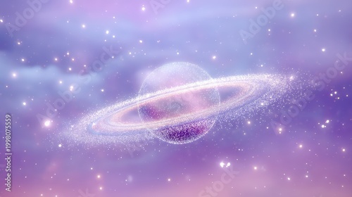 A sparkling, glittery planet with rings floats in a dreamy purple and pink cosmic background filled with stars and light, kid friendly colorful planet background