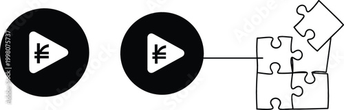 Media play buttons with currency symbols connected to puzzle pieces, monetization strategy and business integration concept, minimal outline vector illustration design