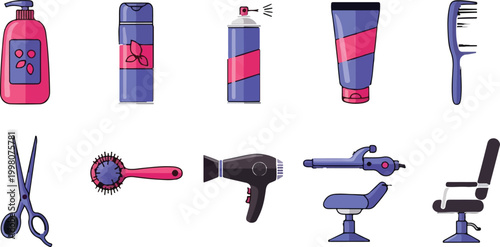 Hair salon equipment and professional beauty supplies set, 10 barber shop icons in flat vector style, pink and purple hair care tools for styling