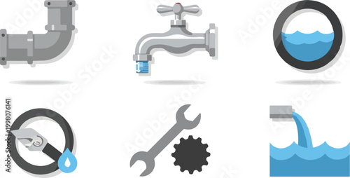 Plumbing service vector icons set, industrial water pipe and metal faucet illustrations, professional repair tools and drainage system symbols