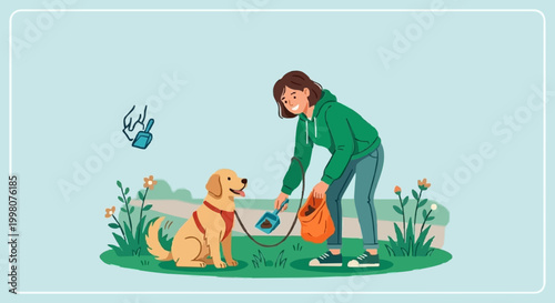 Woman cleaning up dog poop in the park vector. Vector illustration of a responsible pet owner picking up dog excrement using a blue scoop and an orange bag in a green park setting. 