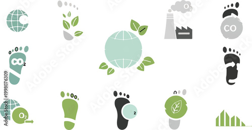 Eco-friendly carbon footprint icons, sustainable environment vector set, green energy and CO2 emission symbols for corporate climate reports