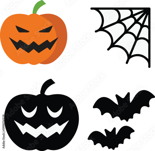 Happy halloween 2026!! Simple flat design Halloween icon set featuring an orange jack-o-lantern, black pumpkin silhouette, corner spiderweb, and flying bats isolated on white background