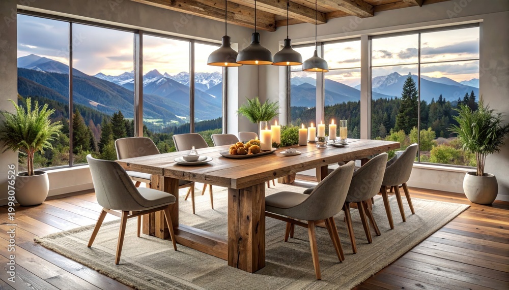 Fototapeta premium Rustic dining room with mountain view