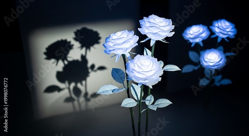 Ethereal Blue Roses Casting Dramatic Shadows on a Dark Background.