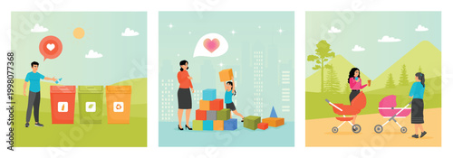 Trash sorting facility concept. Happy moms. Trash sorting facility.