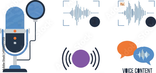 Professional podcast microphone and voice content icons, flat vector audio recording equipment set, sound wave and broadcast elements
