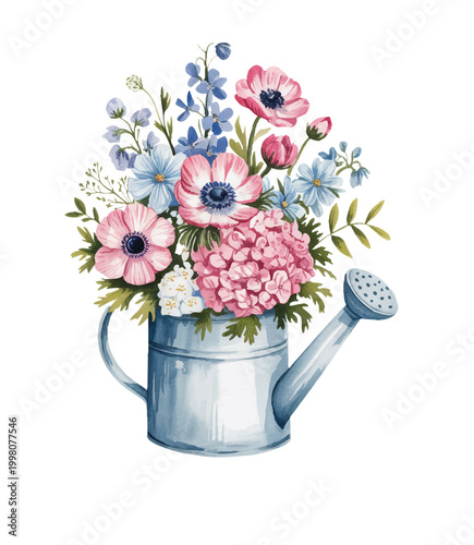 Fotografie Charming floral arrangement in watering can with soft garden flowers in watercolor style