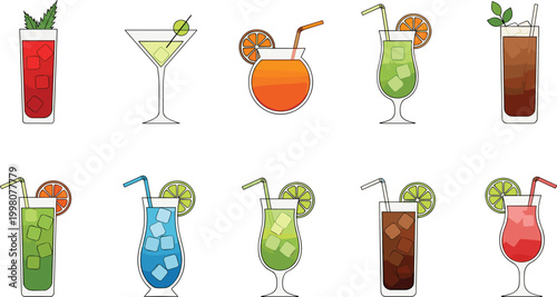 Refreshing Cocktail and Drink Vectors Featuring Lime, Lemon, Ice, and Colorful Glasses for Beverage, Summer, and Party Designs