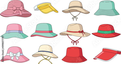 Collection of Colorful Summer Hats with Ribbons and Visors for Fashion, Beach, and Outdoor Accessories Illustrations