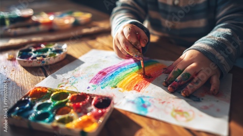 Child hands painting colorful rainbow with brushes