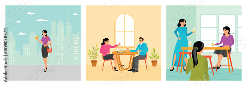 Snack on the way. Quick lunch. Going to a pub. Friends enjoy a casual get-together in a modern cafe.