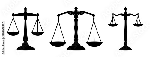 Scales of justice set with black silhouette on white background featuring balanced scales, legal symbol, justice icon with iconic and symbolic