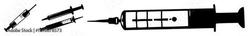 Syringe set with black silhouette on white background featuring medical instrument, injection device, healthcare illustration with vector graphic and silhouette