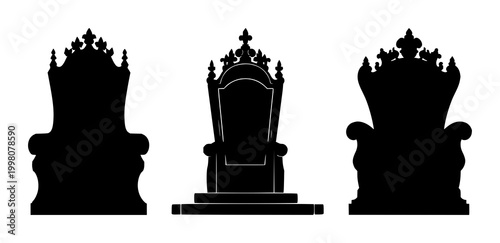 Black silhouette throne set with black silhouette on white background featuring monarchy iconography, line art, minimalist with regal and authority