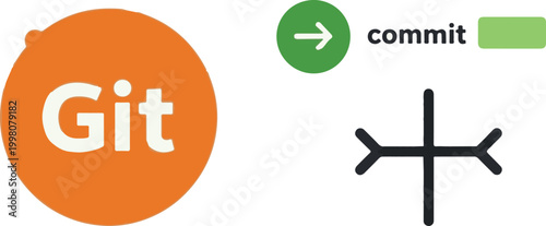 Git version control system icons, software development commit symbols, programming workflow vector elements for web design and coding apps