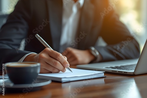 Business professional writing notes in notebook at office desk, planning and strategy concept
