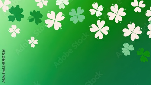Various shades of green four-leaf clovers scattered on a green gradient background, luck and nature, kid friendly green clovers background
