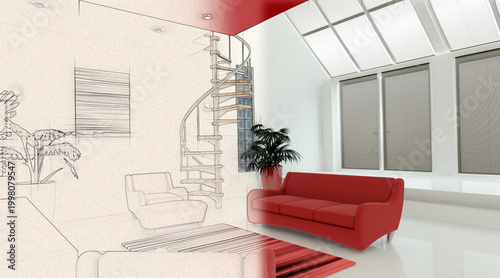 Tableau sur toile 3D interior with half in sketch phase
