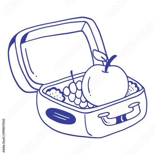 line illustration of an open lunchbox filled with fruit including apple and grapes. Clean and modern design ideal for healthy eating, school meals, and food concepts