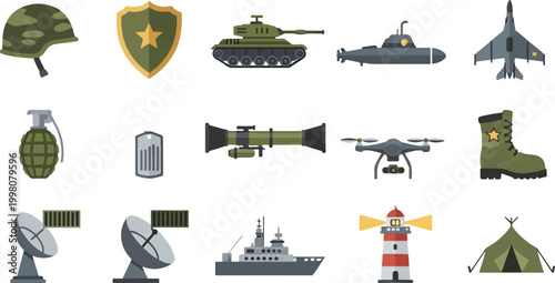 Military equipment flat vector icons set, army warfare and defense force elements, 15 tactical combat weapon and vehicle illustrations for infographics