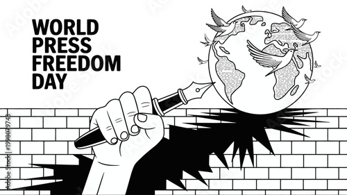 World Press Freedom Day vector illustration with hand breaking wall and peace dove