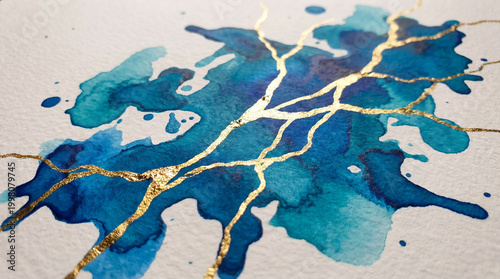Blue Watercolor Abstract with Gold Veins