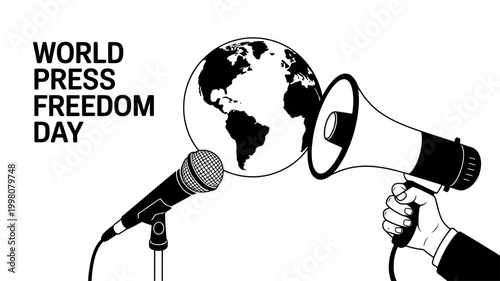 Minimalist black and white vector for World Press Freedom Day with megaphone and globe