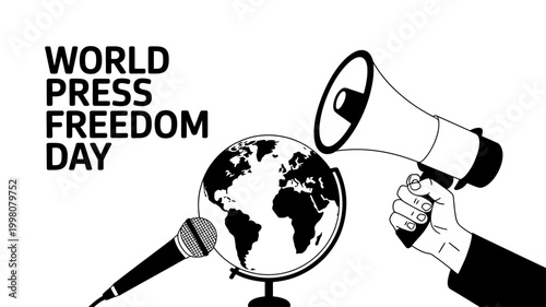 Minimalist black and white vector for World Press Freedom Day with megaphone and globe