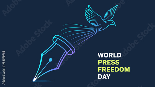 Modern neon World Press Freedom Day line art with flying bird and pen nib