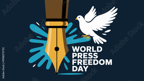 Vector illustration for World Press Freedom Day with fountain pen nib white dove and blue splash