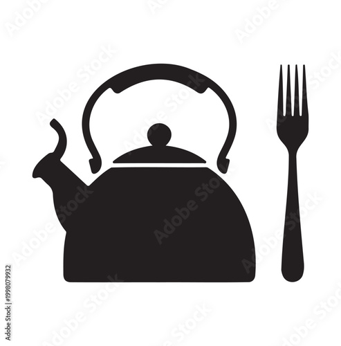 Black kettle and fork, kitchenware silhouette set, restaurant cutlery icon, tea pot and dinnerware vector
