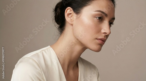 Profile Portrait with Bun Hairstyle and Neutral Background