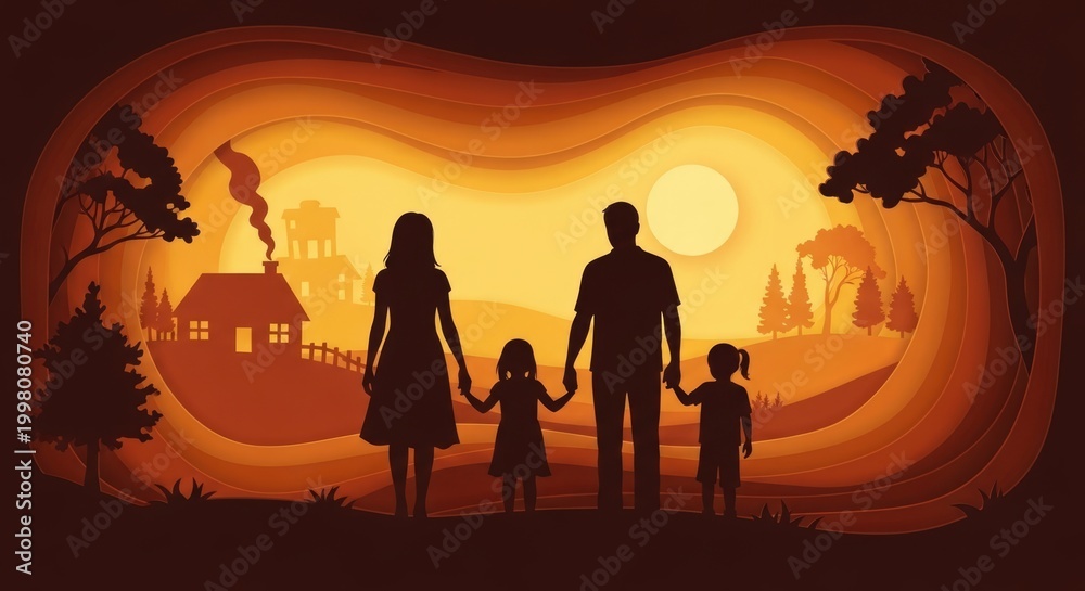 Fototapeta premium abstract background Silhouette of a happy family holding hands standing together in front of a cozy country house at sunset illustration