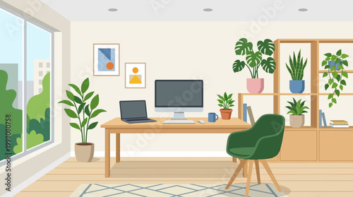Modern home office with plants and computer.