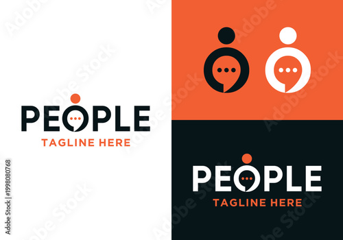 Human chat logo design with wordmark design, people talking, family together, human unity, chat bubble logo vector icon with human combination in colorful.