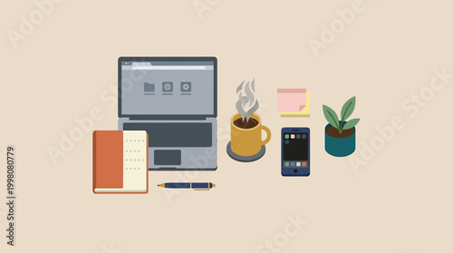 Flat lay of office desk with laptop and accessories.