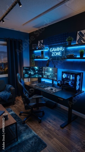 A stylish gaming setup with dual monitors and neon lighting. The concept is ideal for home office design, gaming culture, and technology lifestyle, appealing for tech enthusiasts. Generative AI.