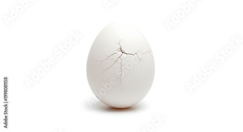 A single white chicken egg with a visible crack on its shell, standing upright on a plain white background.