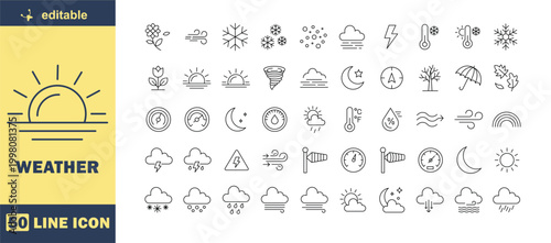A collection of 50 line icons depicting various weather conditions and symbols